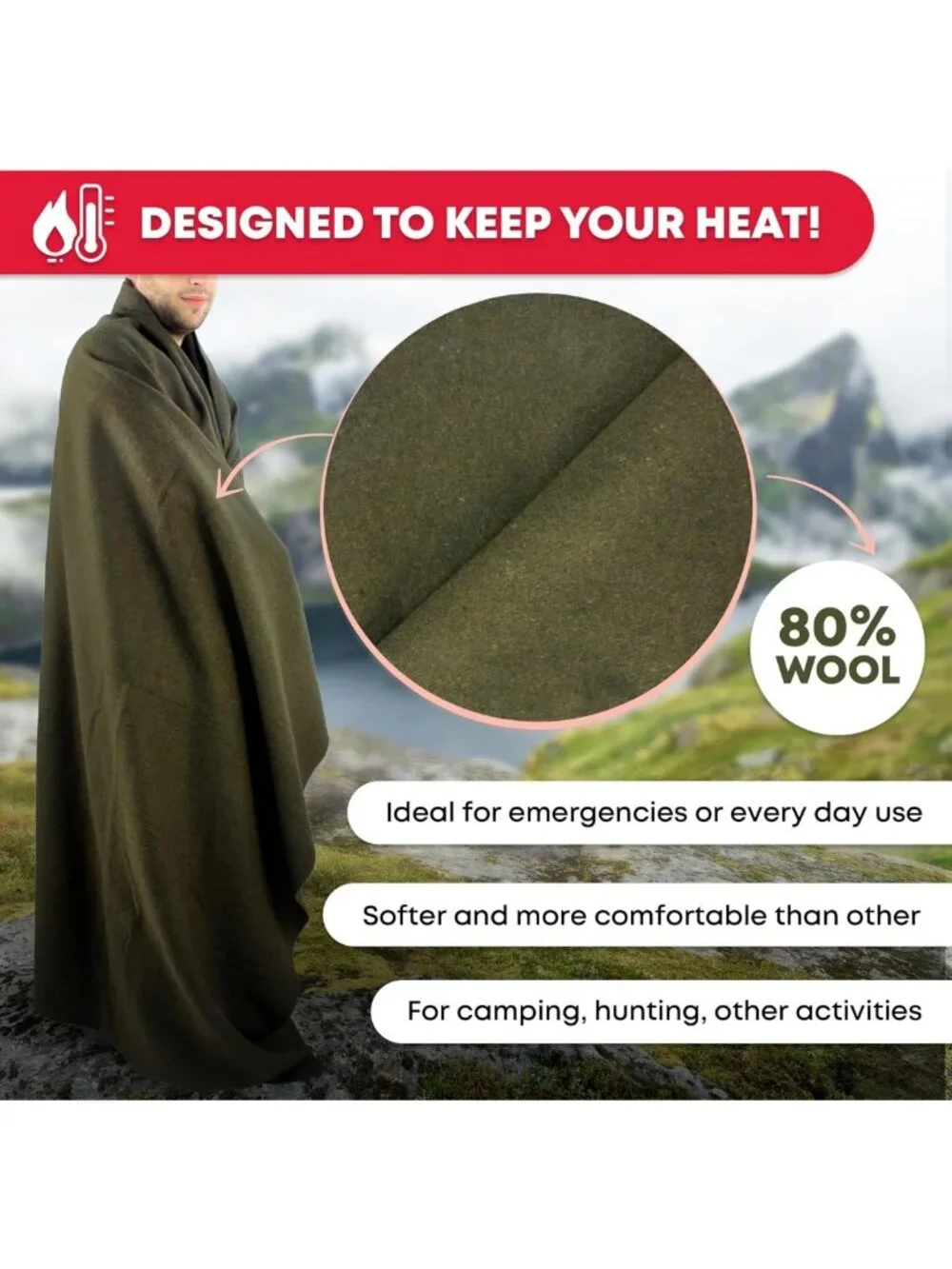 Warm Fire Retardant Survival Blanket - Heavy-Duty 80% Wool, 66